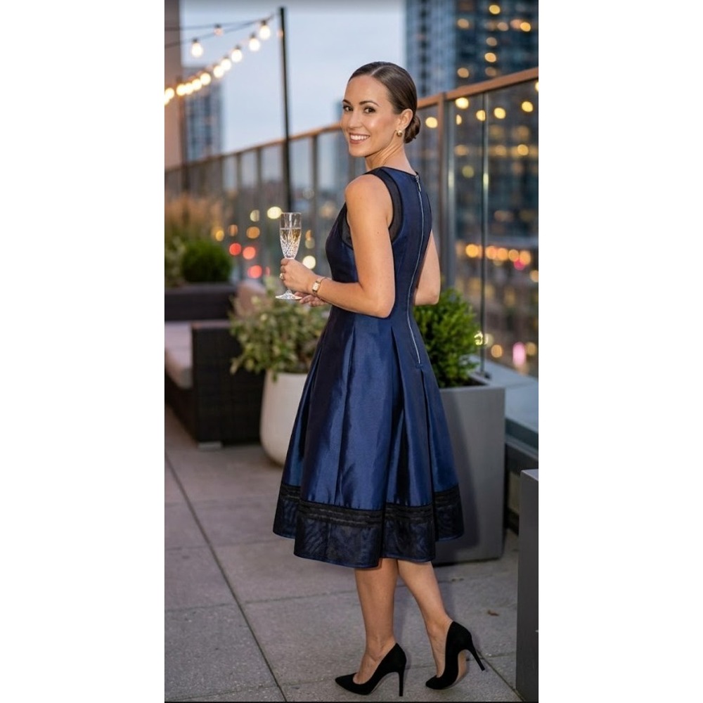 Handmade Couture Structured Fit Flare Dress Navy Blue Pleated Cocktail Evening
